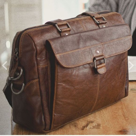 NWT New! Jack Georges Brown Voyager Zip Leather Briefcase w/Front Flap Pocket - Picture 1 of 16